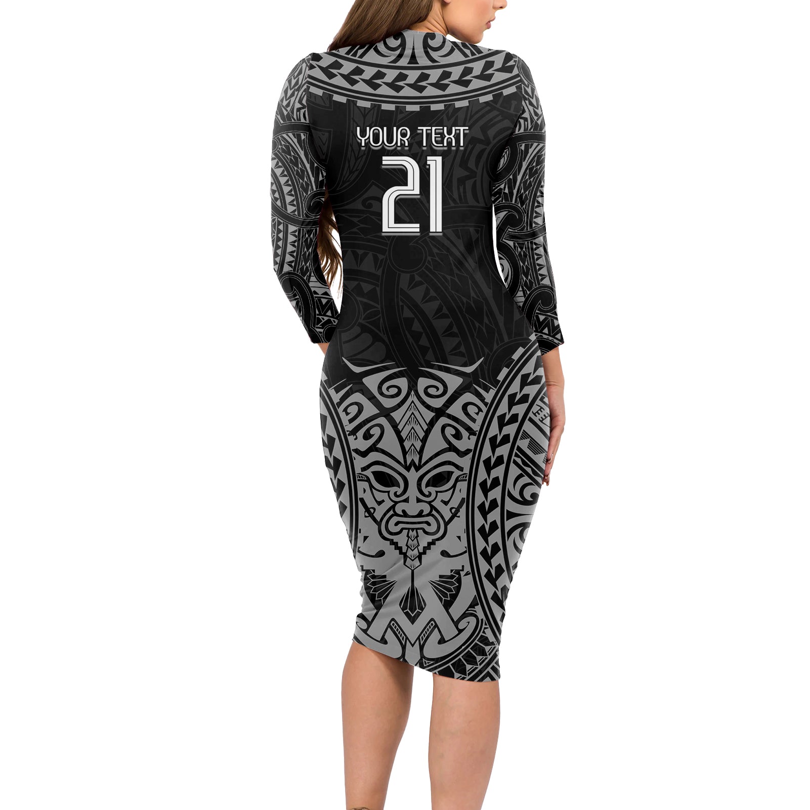 Custom New Zealand Rugby Long Sleeve Bodycon Dress Maori All Black Warrior Tribal Tattoo