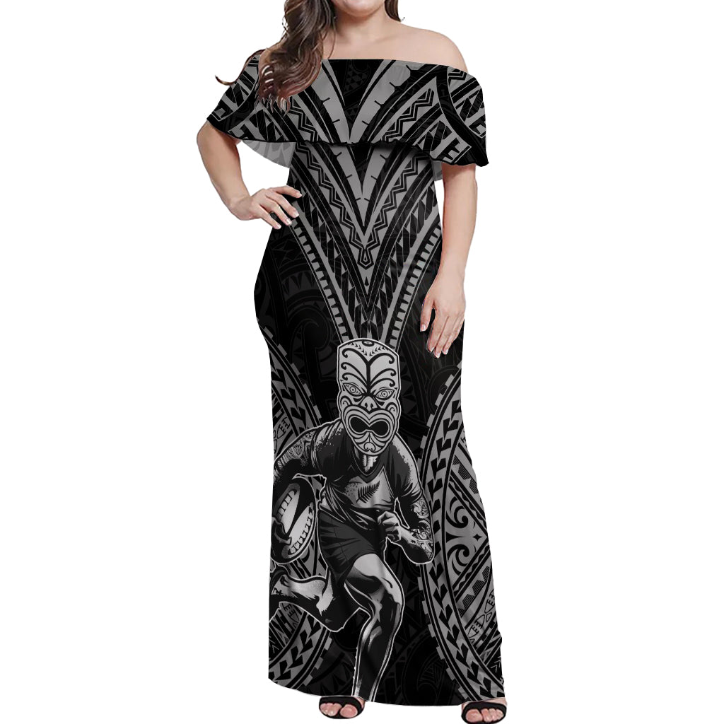 Custom New Zealand Rugby Off Shoulder Maxi Dress Maori All Black Warrior Tribal Tattoo