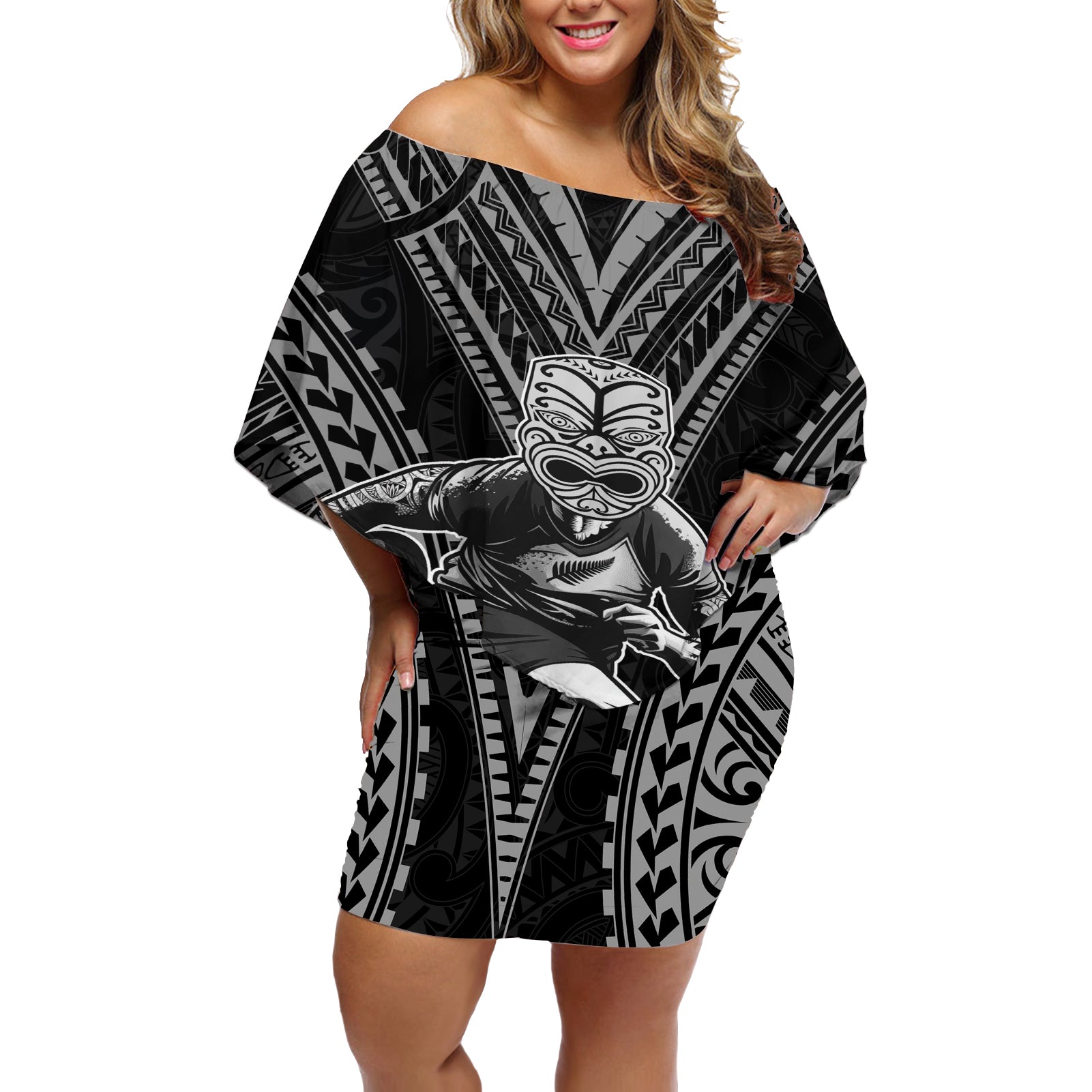 Custom New Zealand Rugby Off Shoulder Short Dress Maori All Black Warrior Tribal Tattoo