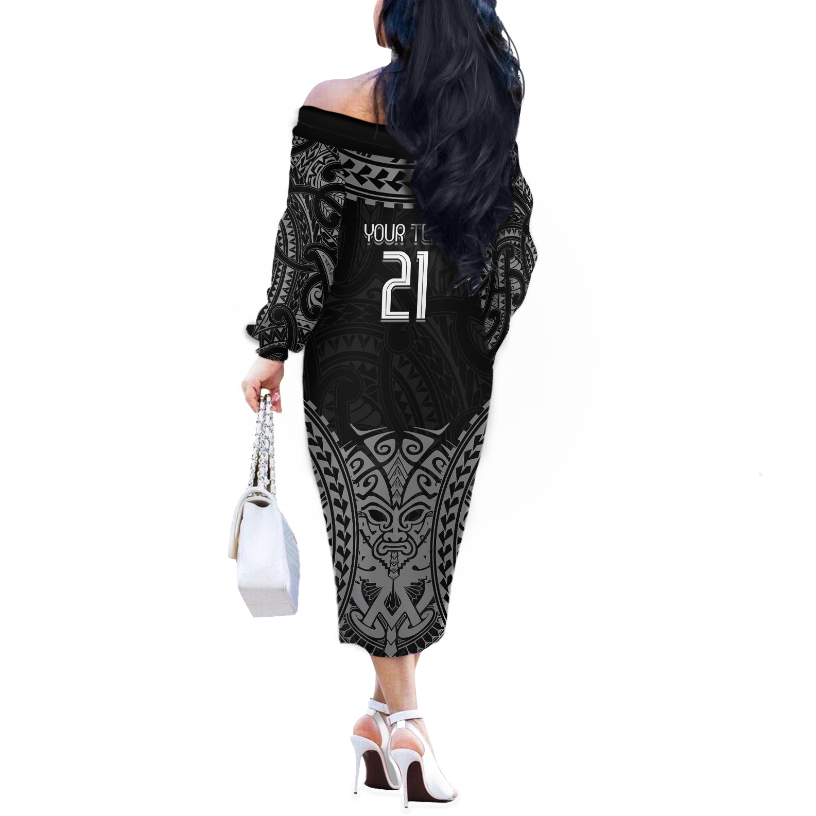 Custom New Zealand Rugby Off The Shoulder Long Sleeve Dress Maori All Black Warrior Tribal Tattoo