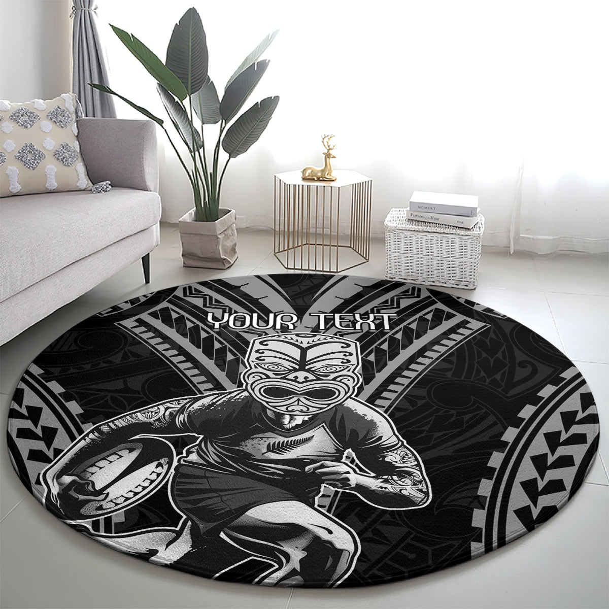 Custom New Zealand Rugby Round Carpet Maori All Black Warrior Tribal Tattoo