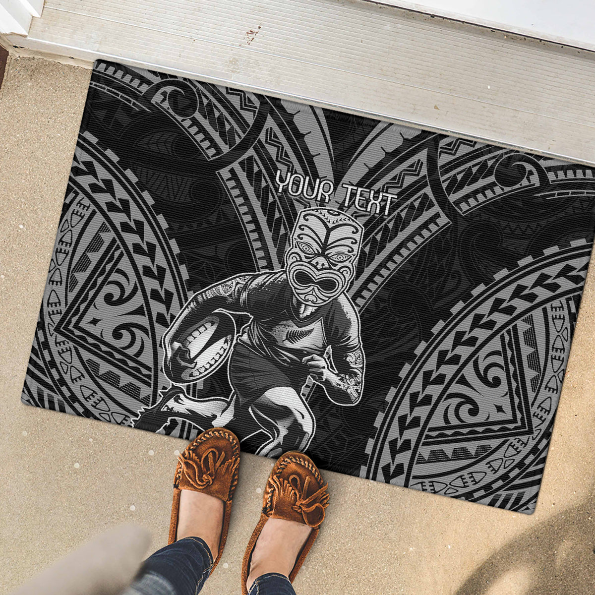 Custom New Zealand Rugby Rubber Doormat Maori All Black Warrior Tribal Tattoo