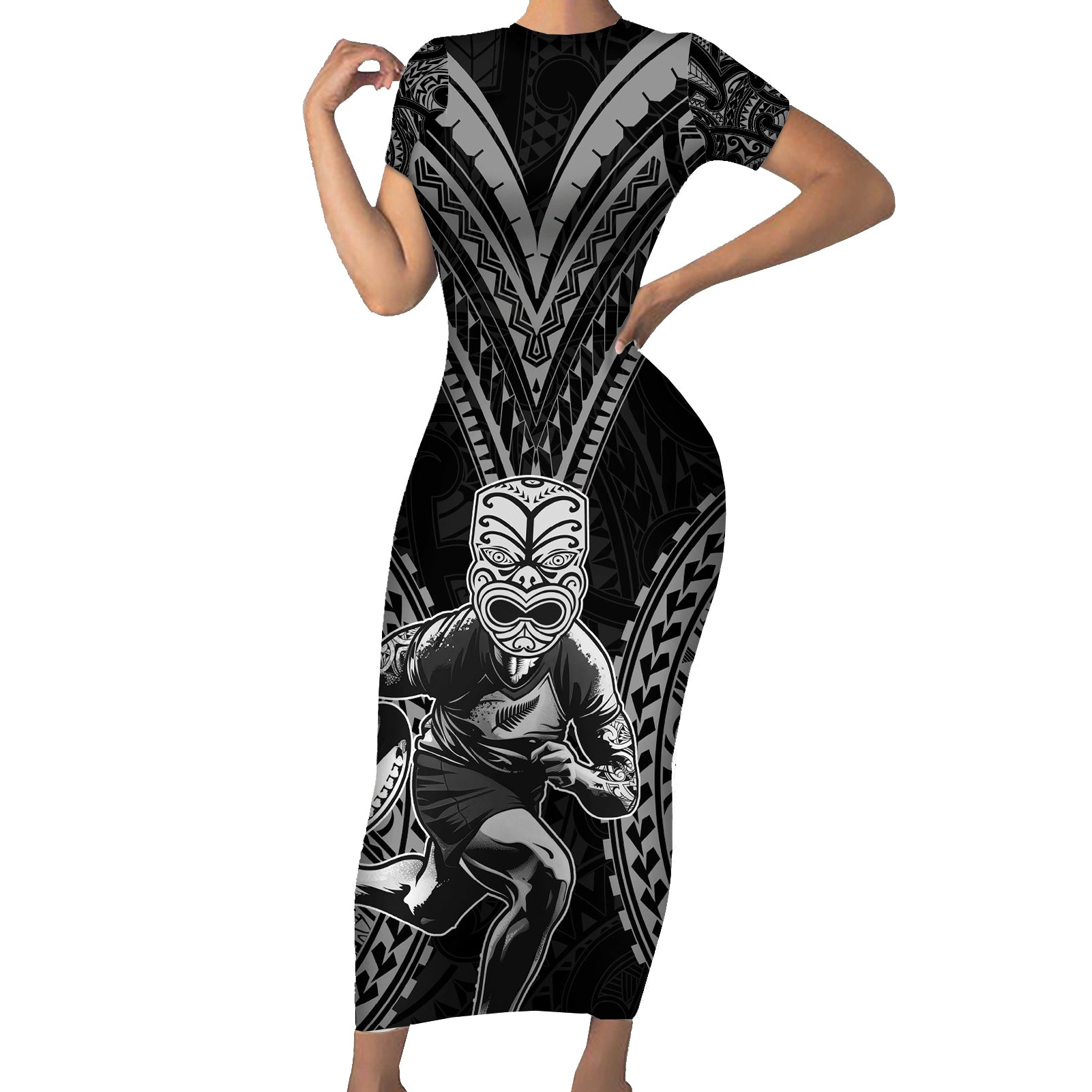 Custom New Zealand Rugby Short Sleeve Bodycon Dress Maori All Black Warrior Tribal Tattoo