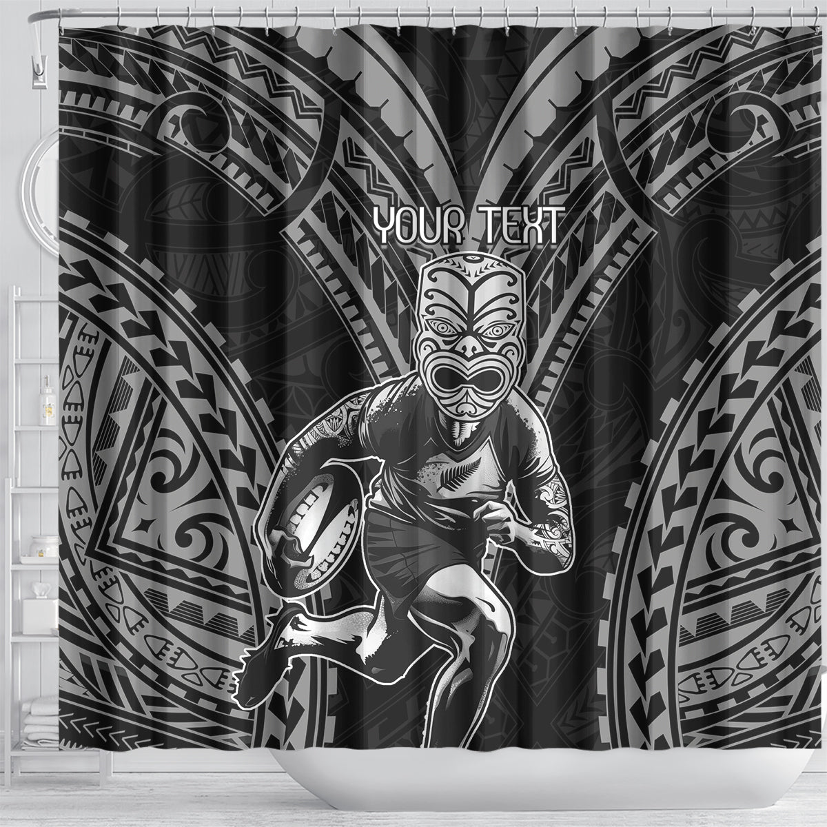 Custom New Zealand Rugby Shower Curtain Maori All Black Warrior Tribal Tattoo