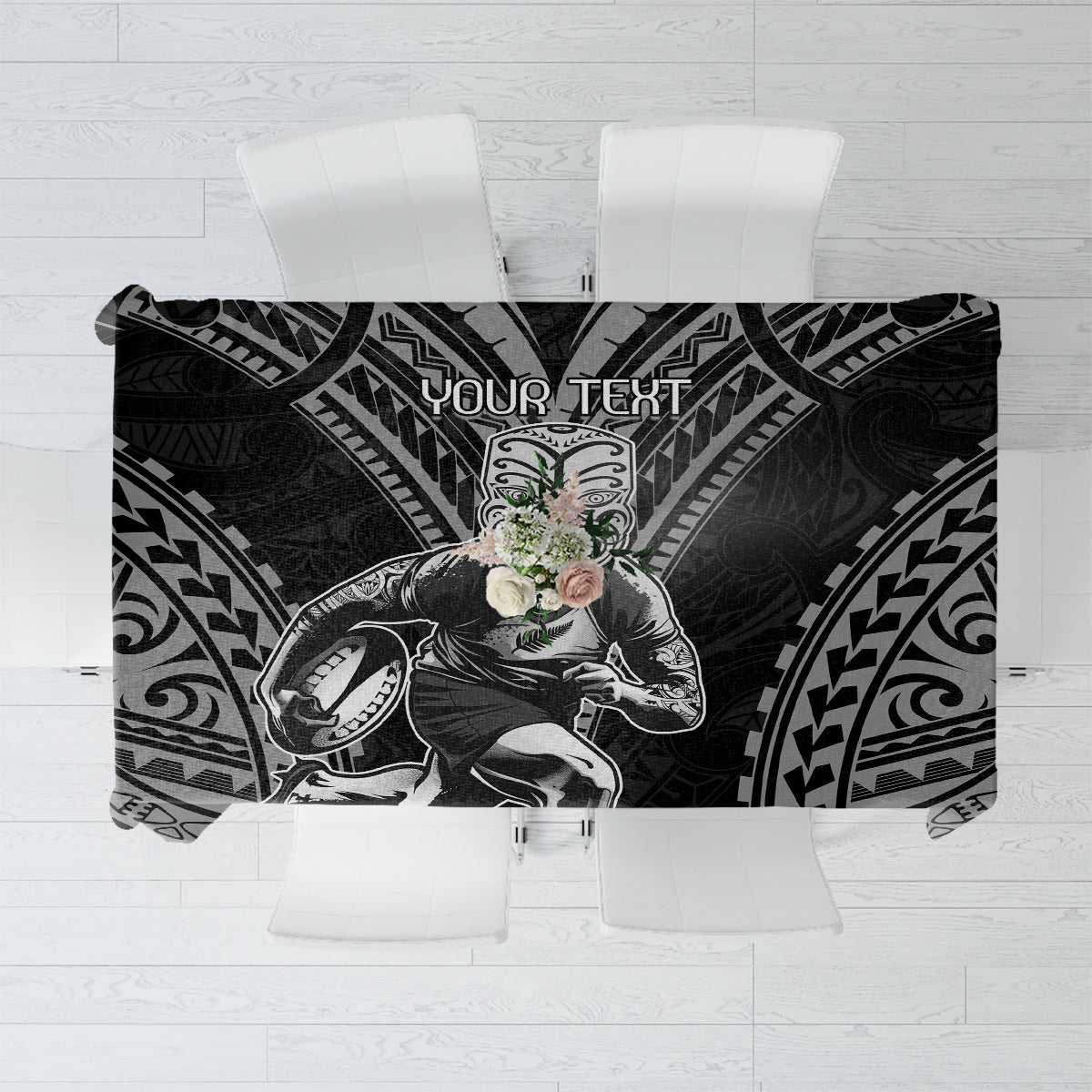 Custom New Zealand Rugby Tablecloth Maori All Black Warrior Tribal Tattoo
