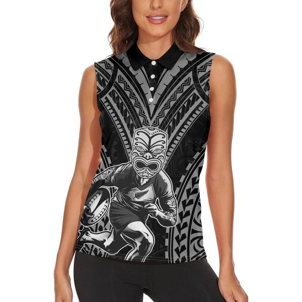 Custom New Zealand Rugby Women Sleeveless Polo Shirt Maori All Black Warrior Tribal Tattoo