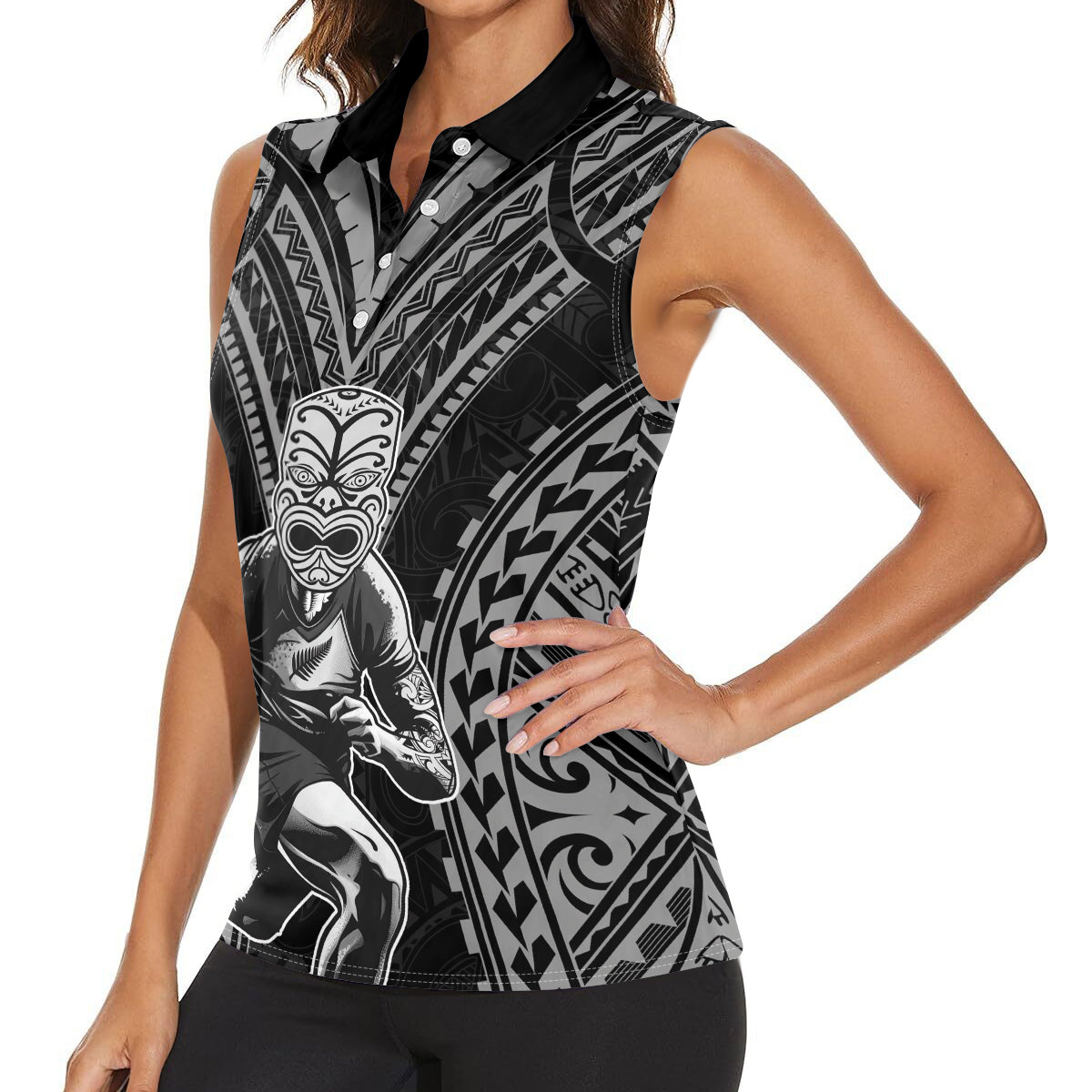 Custom New Zealand Rugby Women Sleeveless Polo Shirt Maori All Black Warrior Tribal Tattoo