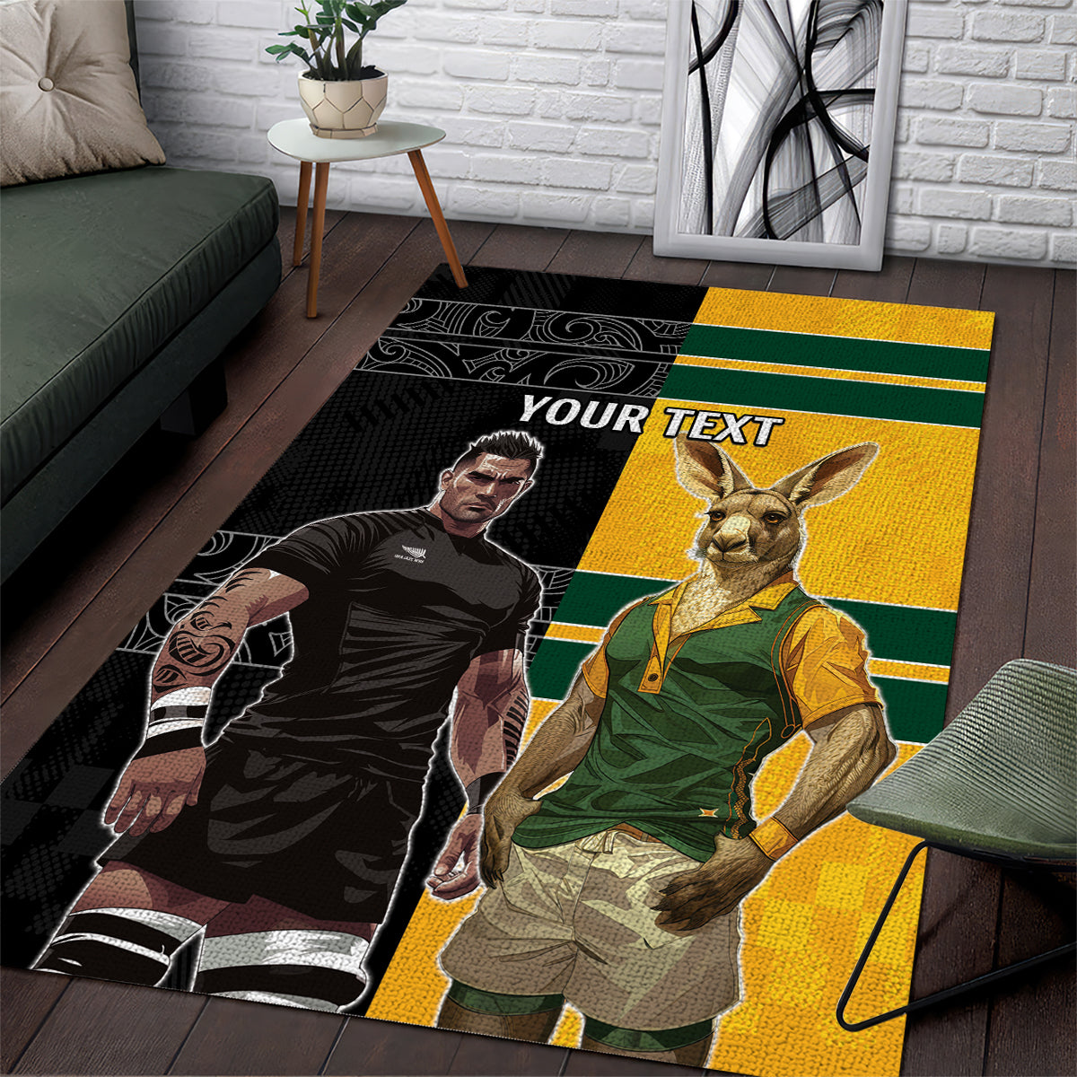 Custom New Zealand and Australia Rugby Area Rug Kangroo and Maori Warrior Together - Vibe Hoodie Shop