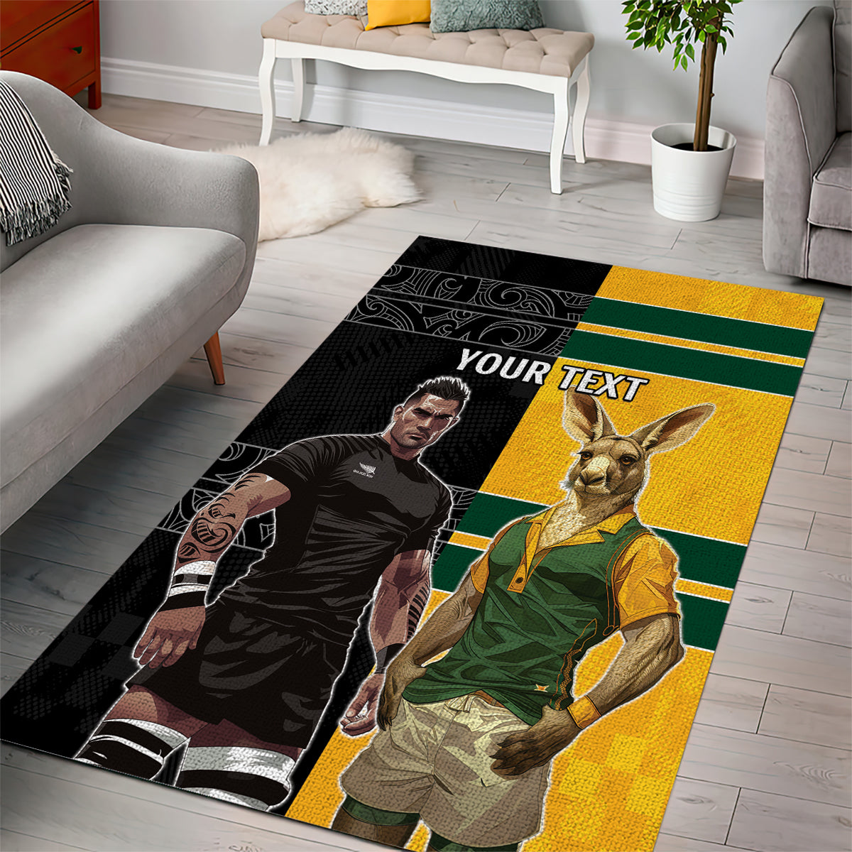 Custom New Zealand and Australia Rugby Area Rug Kangroo and Maori Warrior Together - Vibe Hoodie Shop