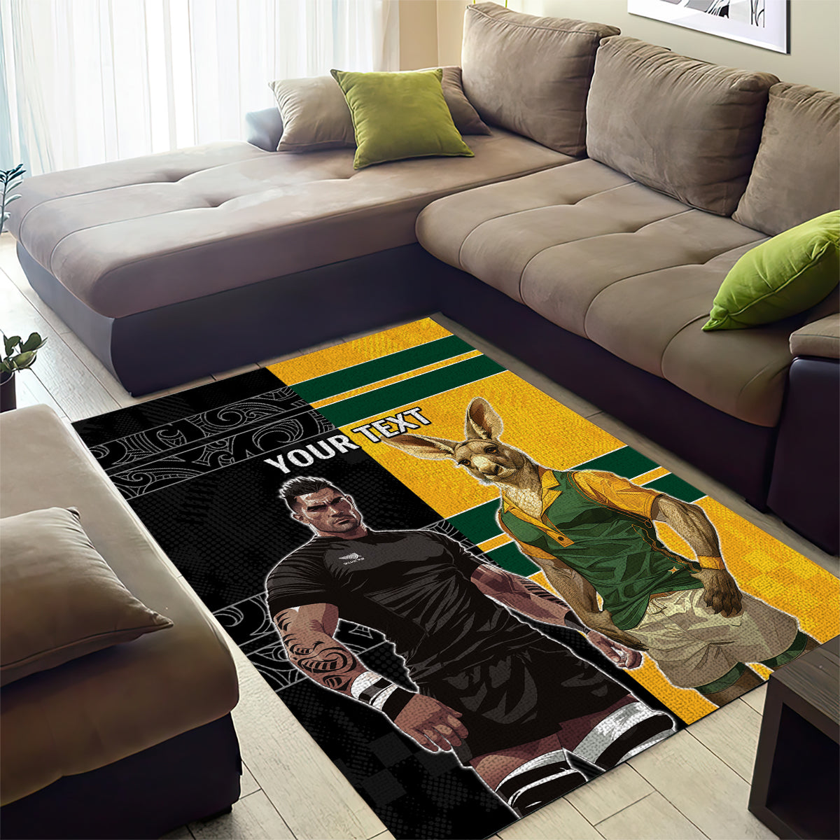 Custom New Zealand and Australia Rugby Area Rug Kangroo and Maori Warrior Together - Vibe Hoodie Shop