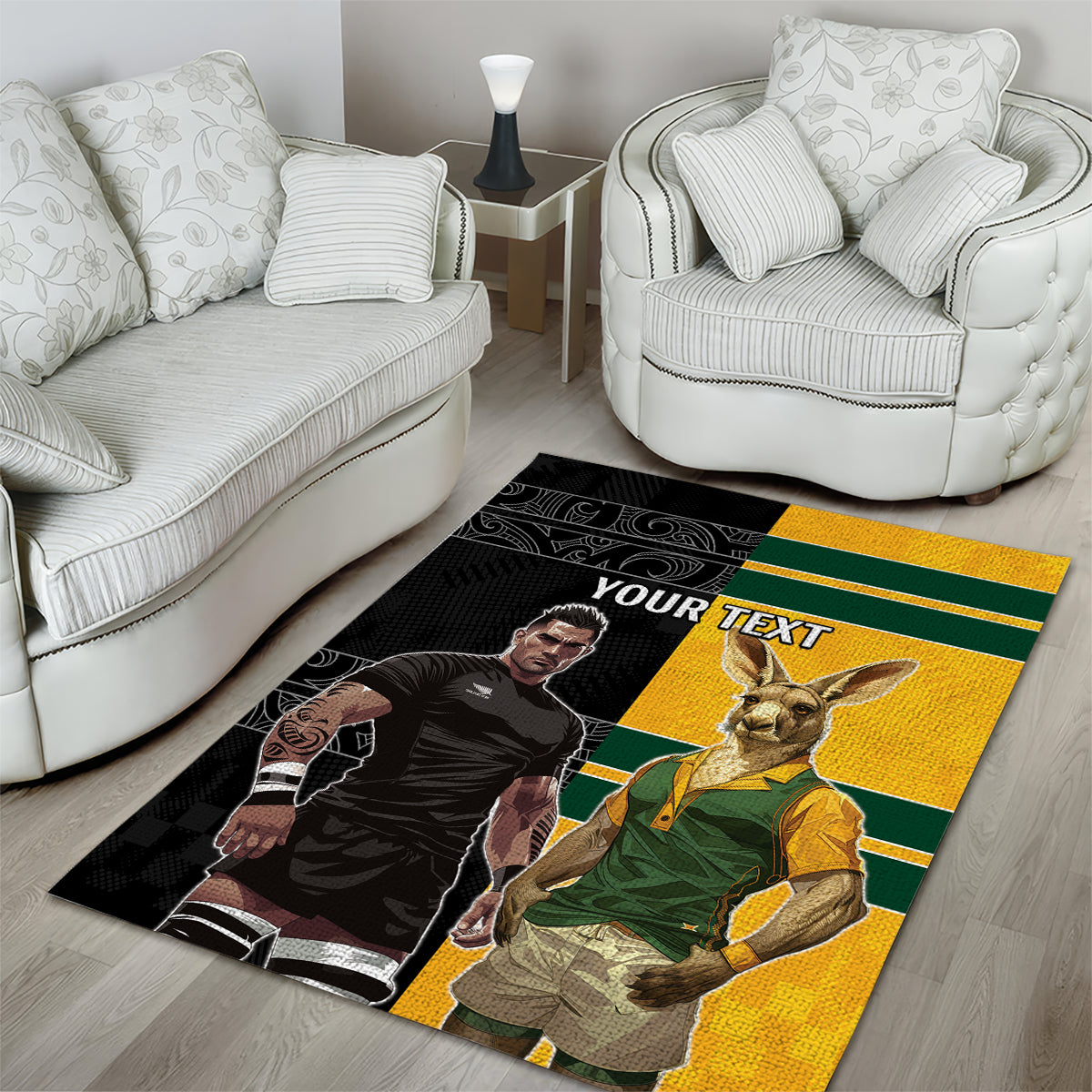 Custom New Zealand and Australia Rugby Area Rug Kangroo and Maori Warrior Together - Vibe Hoodie Shop