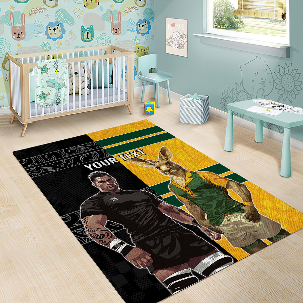 Custom New Zealand and Australia Rugby Area Rug Kangroo and Maori Warrior Together - Vibe Hoodie Shop