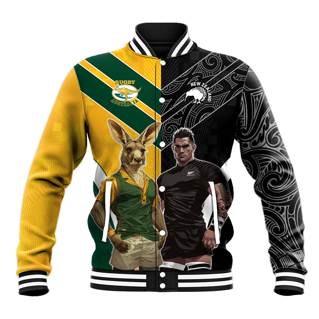 Custom New Zealand and Australia Rugby Baseball Jacket Kangroo and Maori Warrior Together - Vibe Hoodie Shop