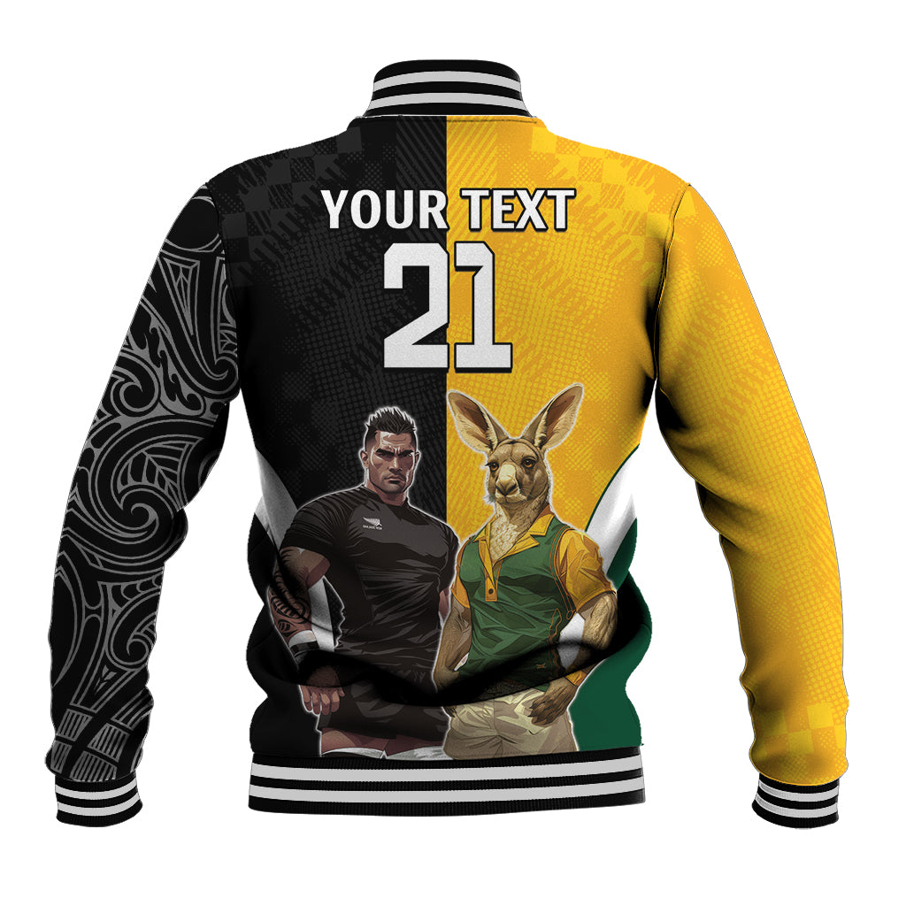 Custom New Zealand and Australia Rugby Baseball Jacket Kangroo and Maori Warrior Together - Vibe Hoodie Shop