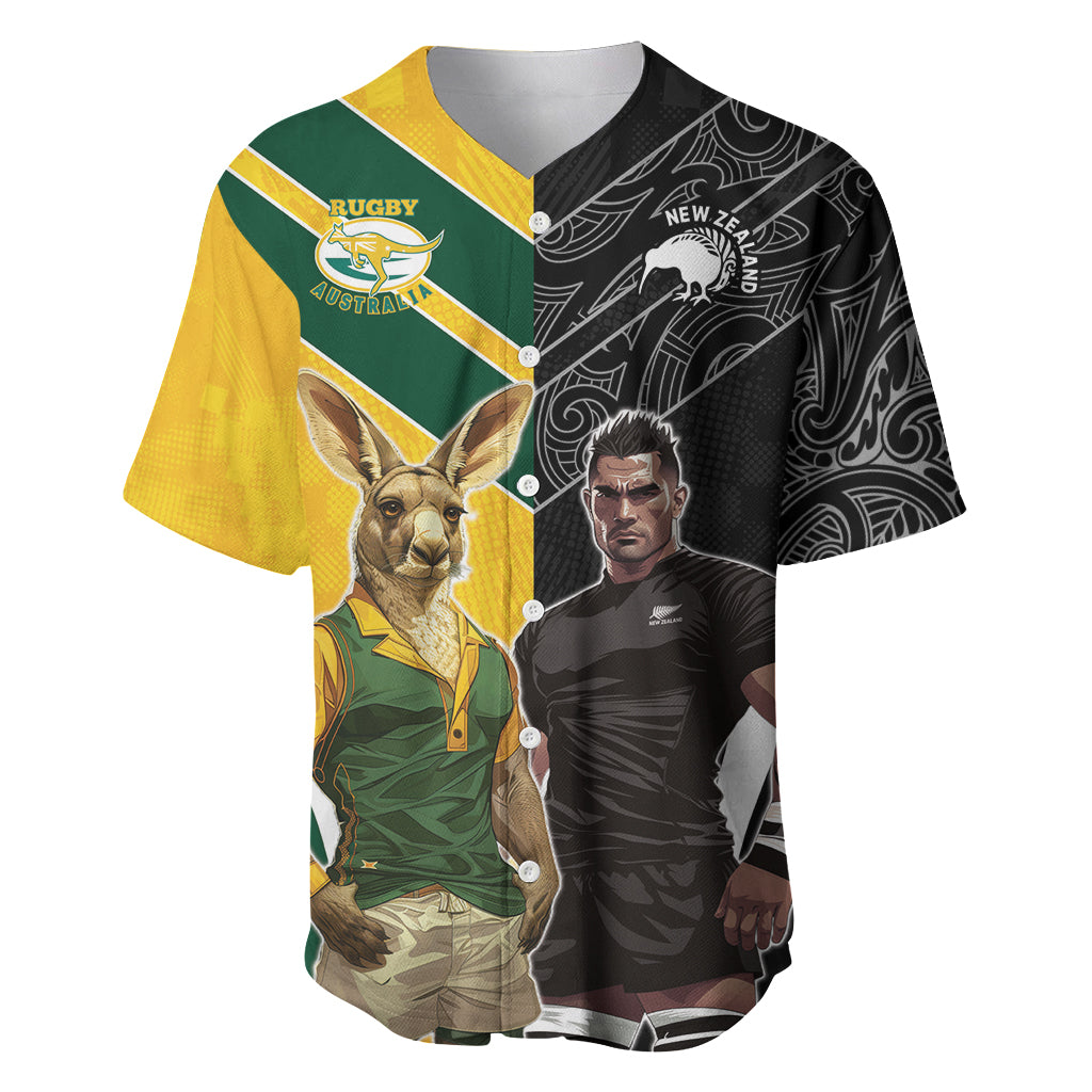 Custom New Zealand and Australia Rugby Baseball Jersey Kangroo and Maori Warrior Together - Vibe Hoodie Shop