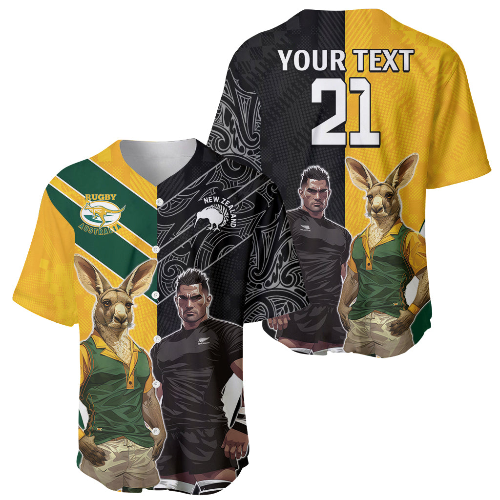 Custom New Zealand and Australia Rugby Baseball Jersey Kangroo and Maori Warrior Together - Vibe Hoodie Shop