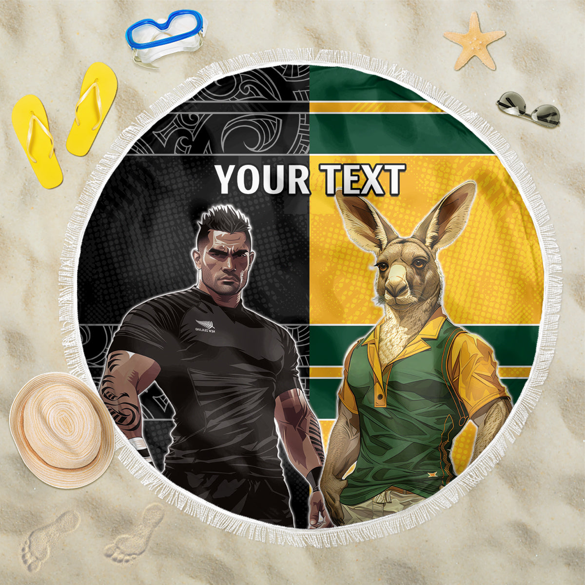 Custom New Zealand and Australia Rugby Beach Blanket Kangroo and Maori Warrior Together