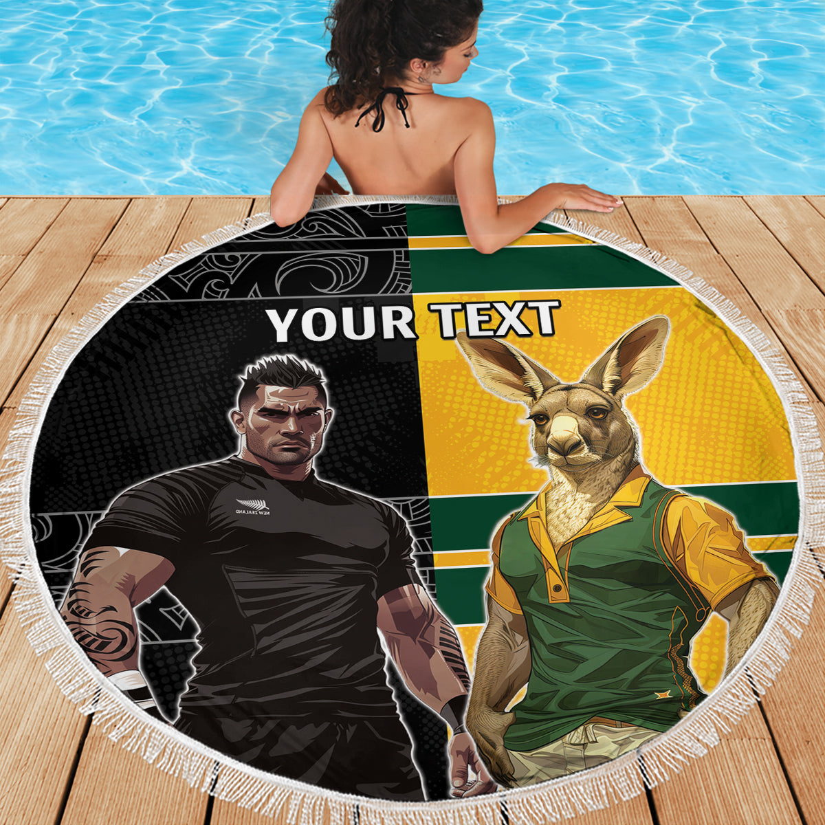 Custom New Zealand and Australia Rugby Beach Blanket Kangroo and Maori Warrior Together
