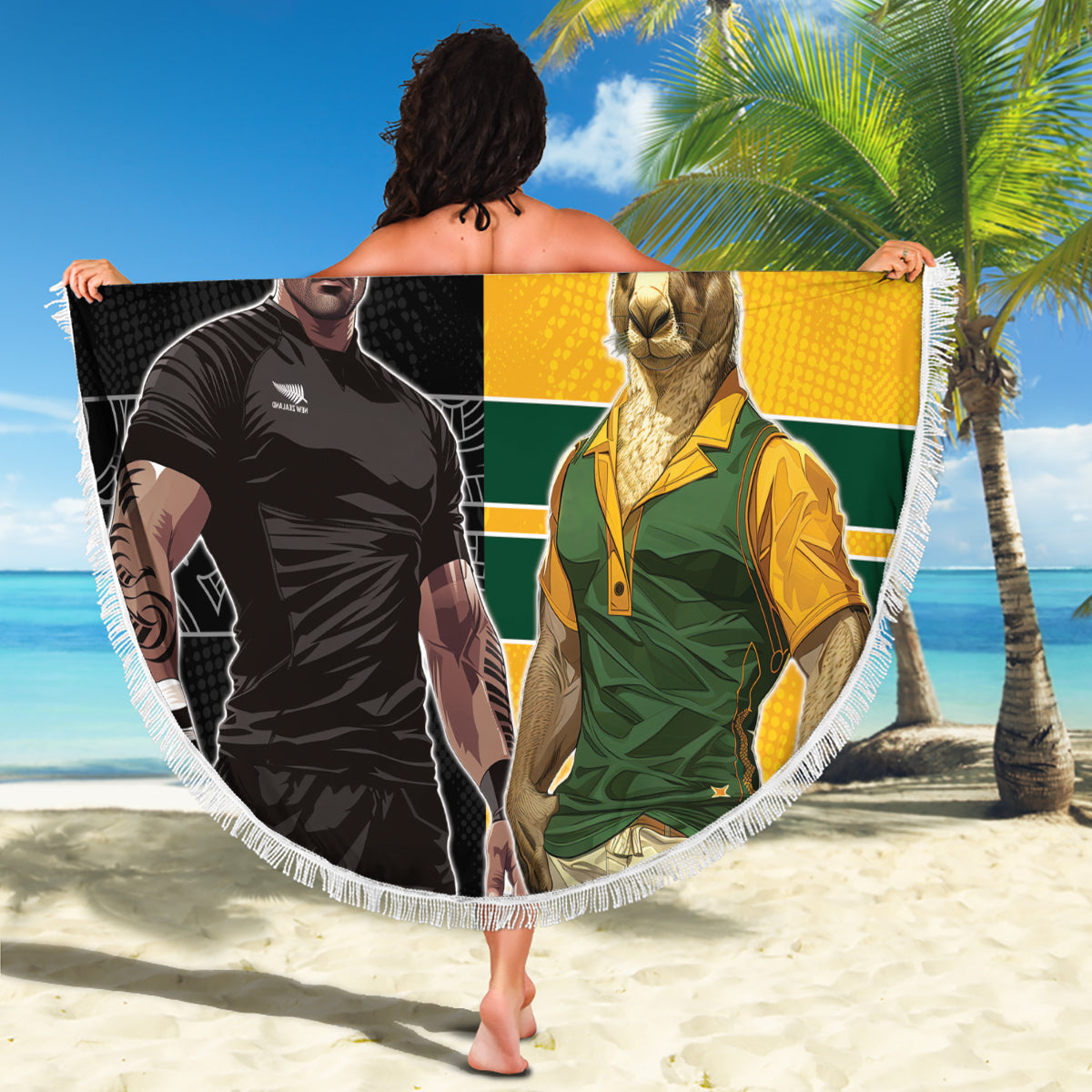 Custom New Zealand and Australia Rugby Beach Blanket Kangroo and Maori Warrior Together