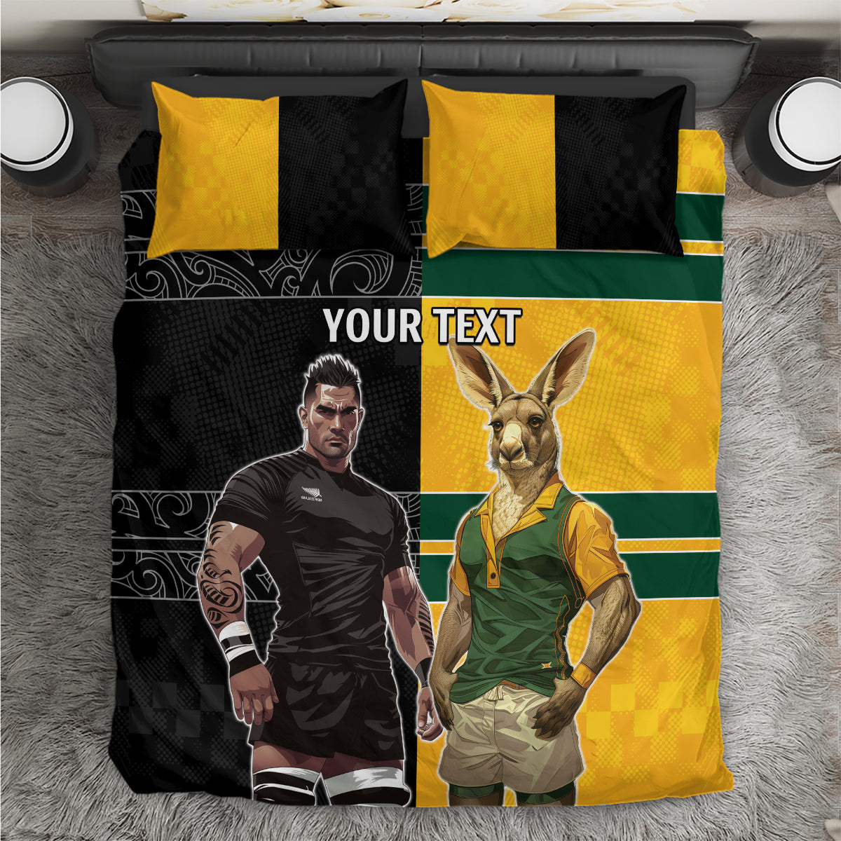Custom New Zealand and Australia Rugby Bedding Set Kangroo and Maori Warrior Together - Vibe Hoodie Shop