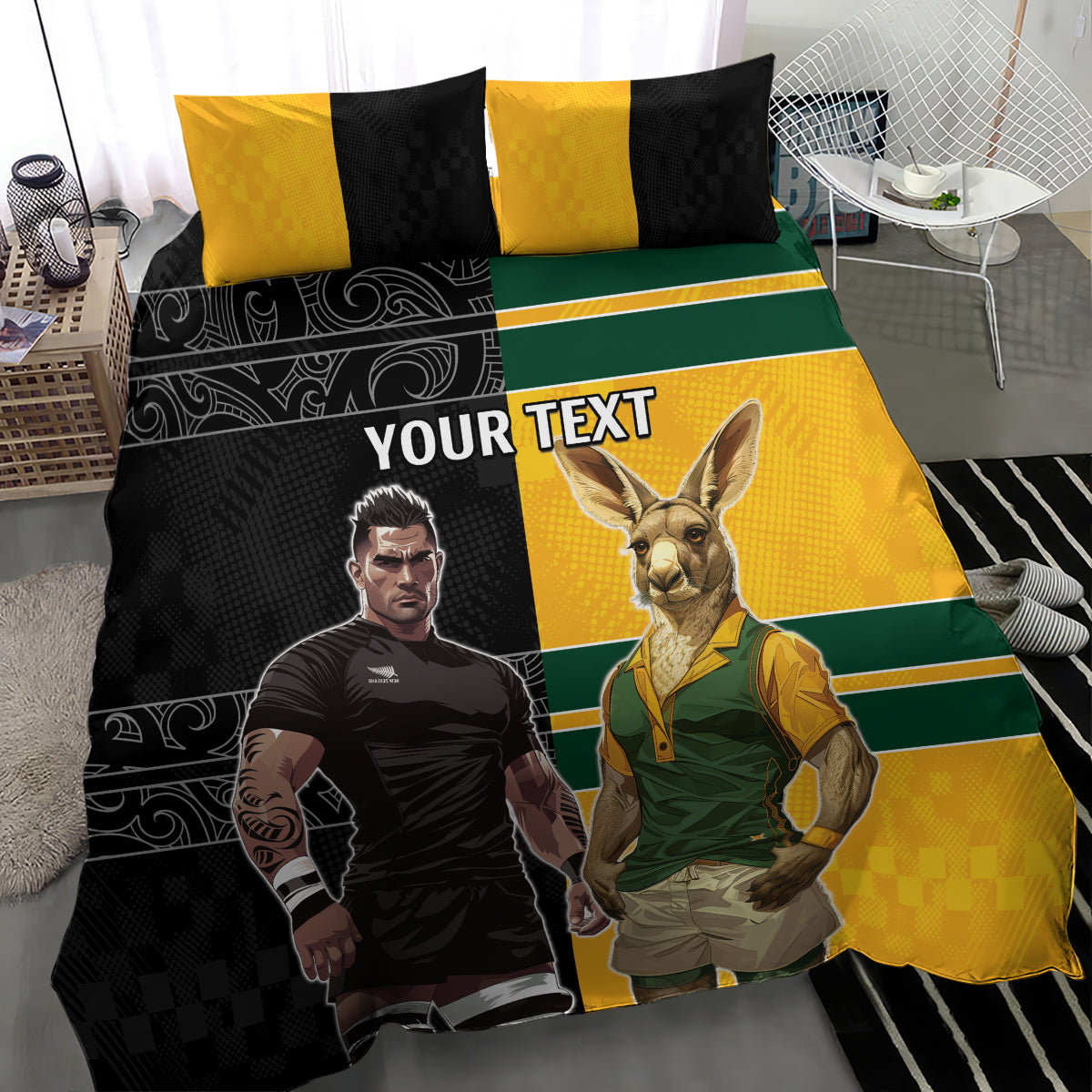 Custom New Zealand and Australia Rugby Bedding Set Kangroo and Maori Warrior Together - Vibe Hoodie Shop
