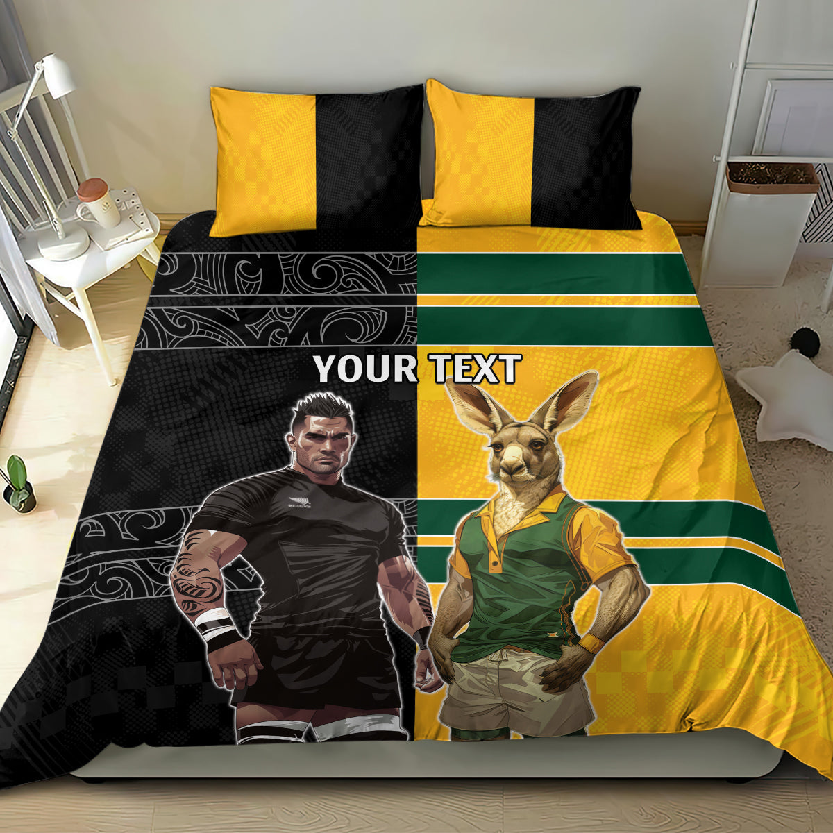 Custom New Zealand and Australia Rugby Bedding Set Kangroo and Maori Warrior Together - Vibe Hoodie Shop