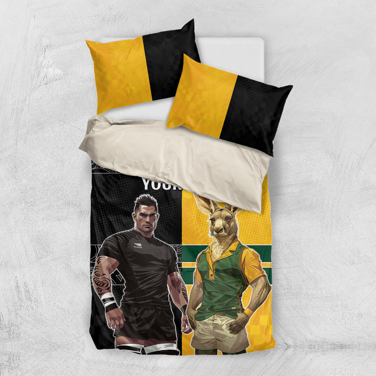 Custom New Zealand and Australia Rugby Bedding Set Kangroo and Maori Warrior Together - Vibe Hoodie Shop