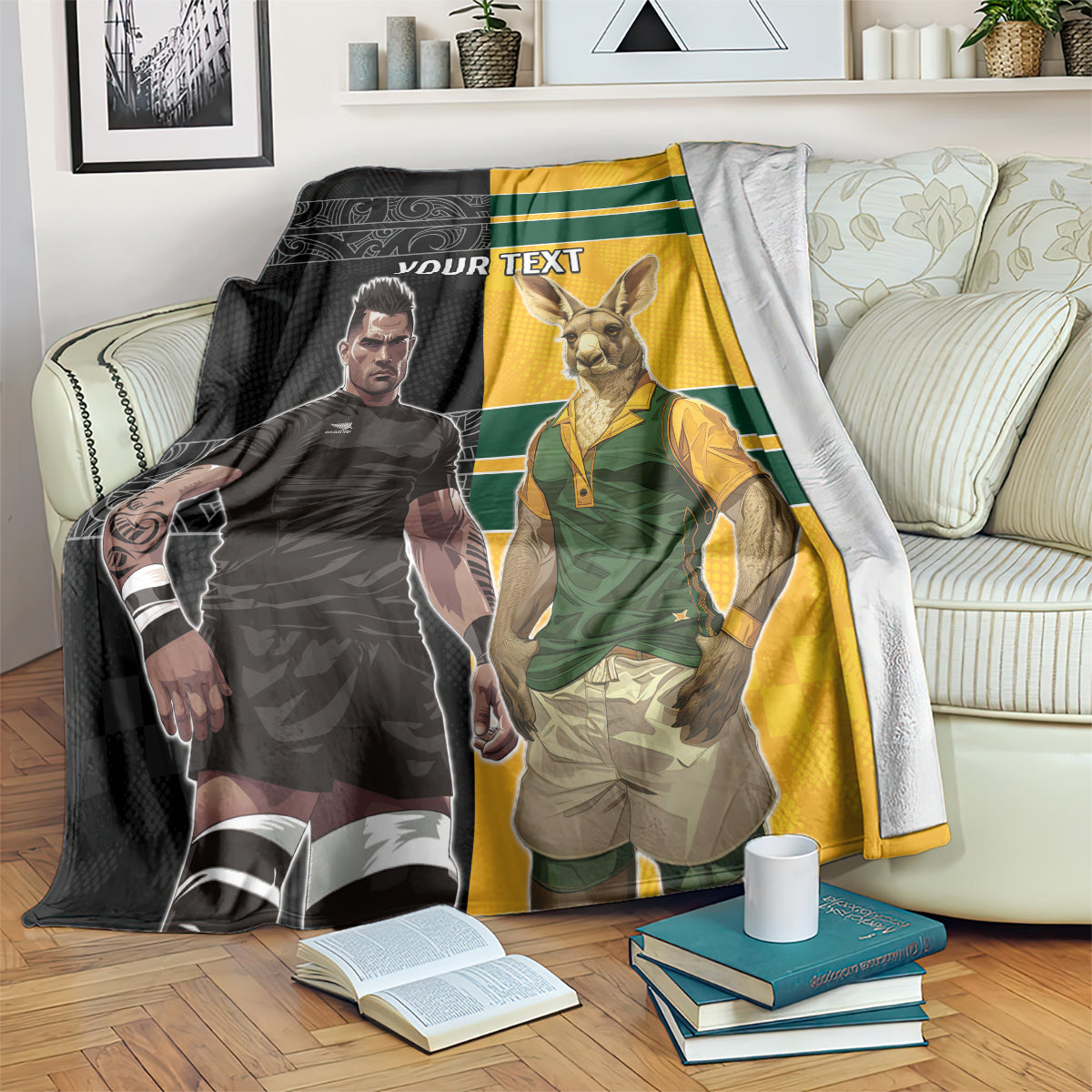Custom New Zealand and Australia Rugby Blanket Kangroo and Maori Warrior Together - Vibe Hoodie Shop