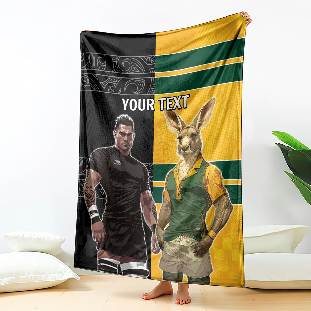Custom New Zealand and Australia Rugby Blanket Kangroo and Maori Warrior Together - Vibe Hoodie Shop