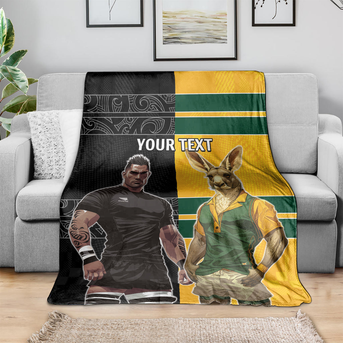 Custom New Zealand and Australia Rugby Blanket Kangroo and Maori Warrior Together - Vibe Hoodie Shop