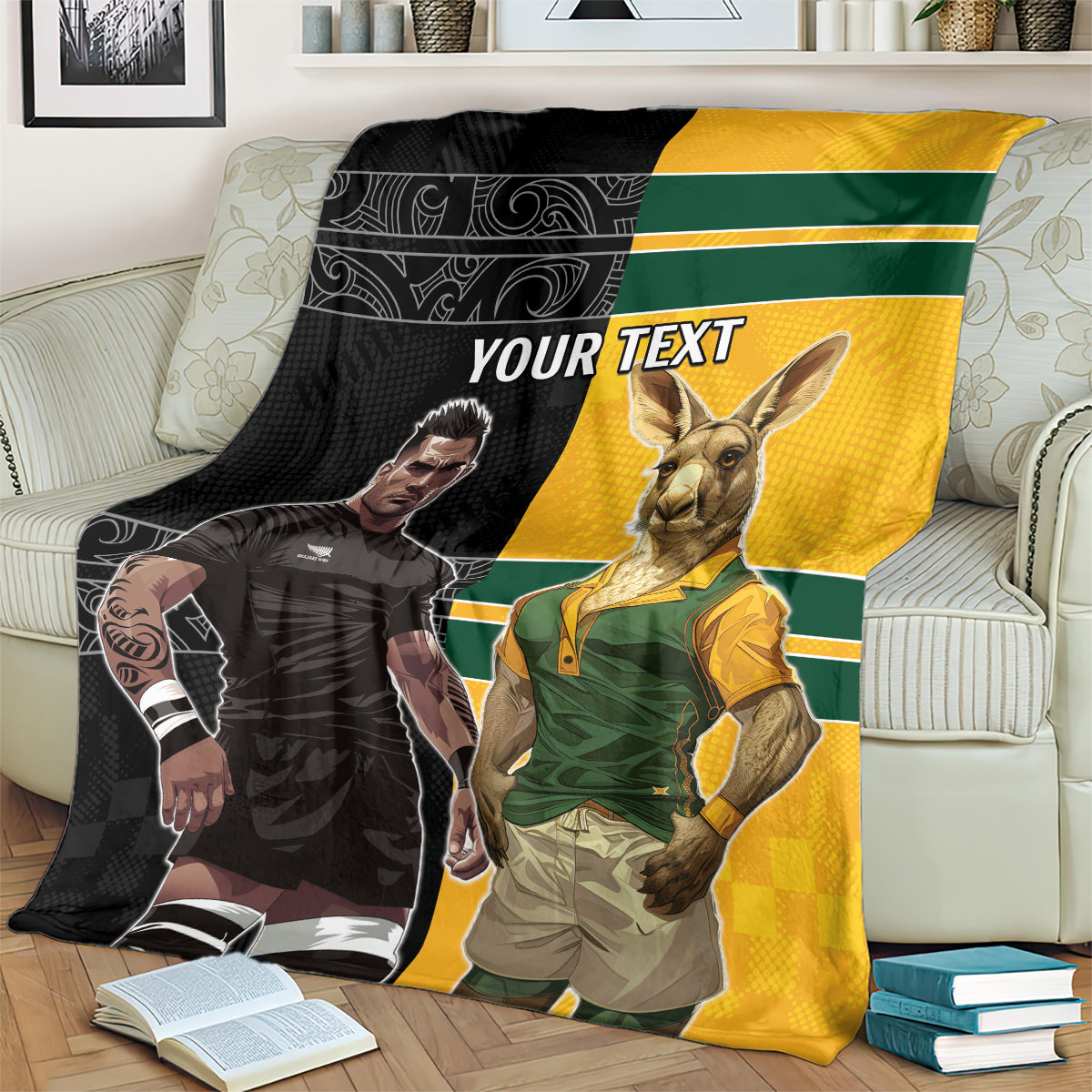 Custom New Zealand and Australia Rugby Blanket Kangroo and Maori Warrior Together - Vibe Hoodie Shop