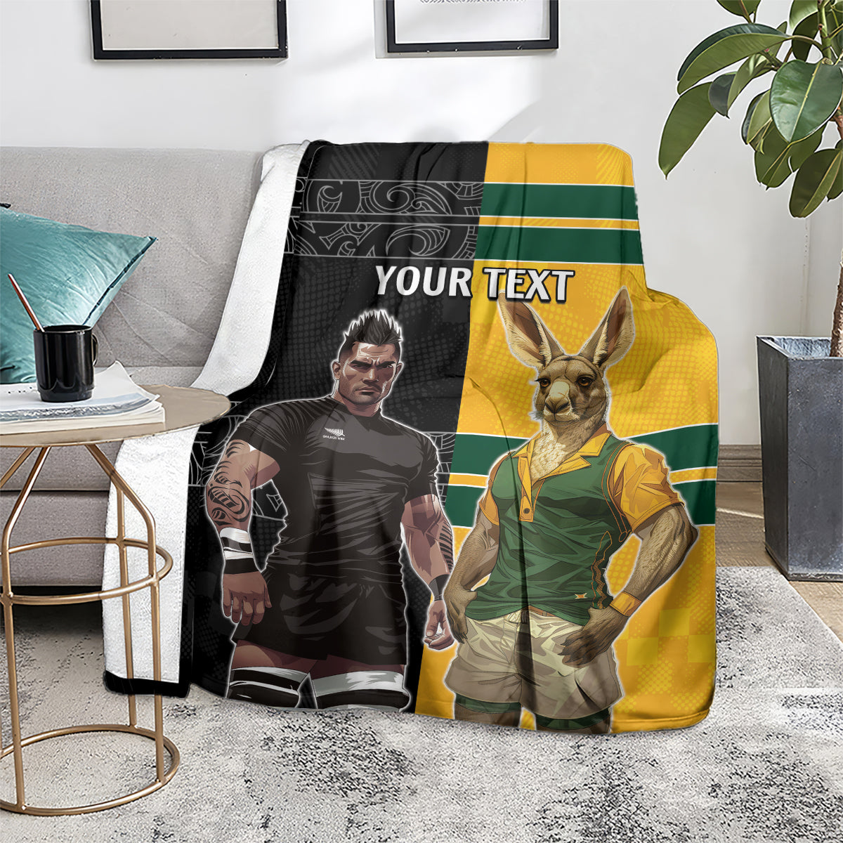 Custom New Zealand and Australia Rugby Blanket Kangroo and Maori Warrior Together - Vibe Hoodie Shop