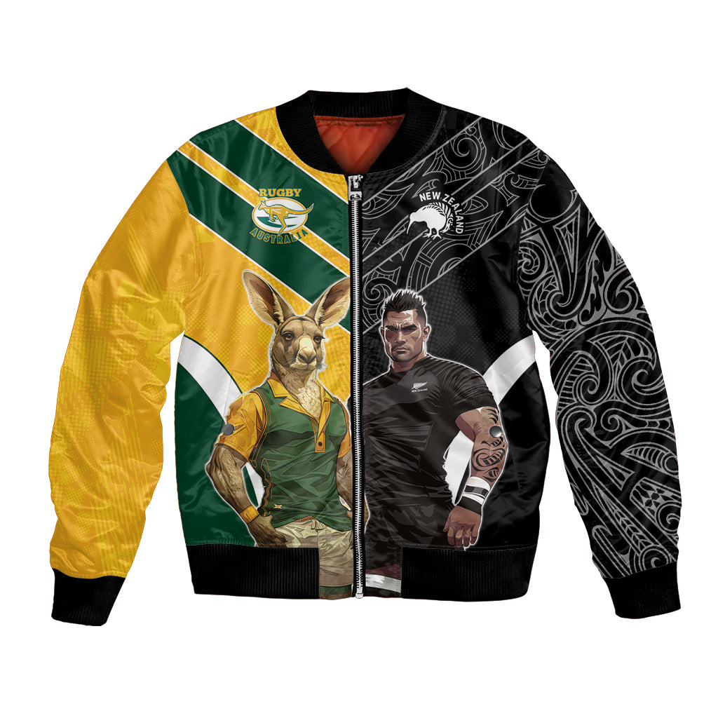 Custom New Zealand and Australia Rugby Bomber Jacket Kangroo and Maori Warrior Together - Vibe Hoodie Shop