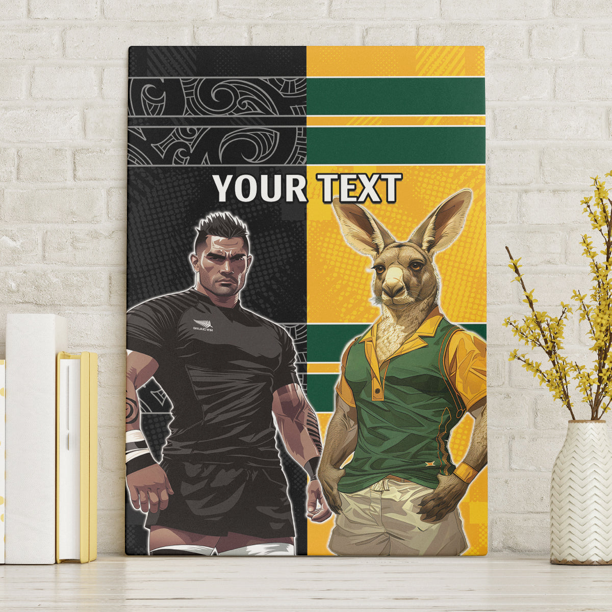 Custom New Zealand and Australia Rugby Canvas Wall Art Kangroo and Maori Warrior Together