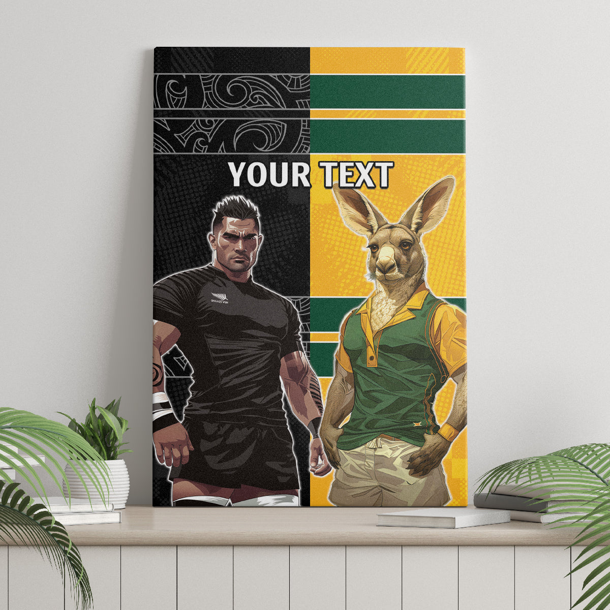 Custom New Zealand and Australia Rugby Canvas Wall Art Kangroo and Maori Warrior Together