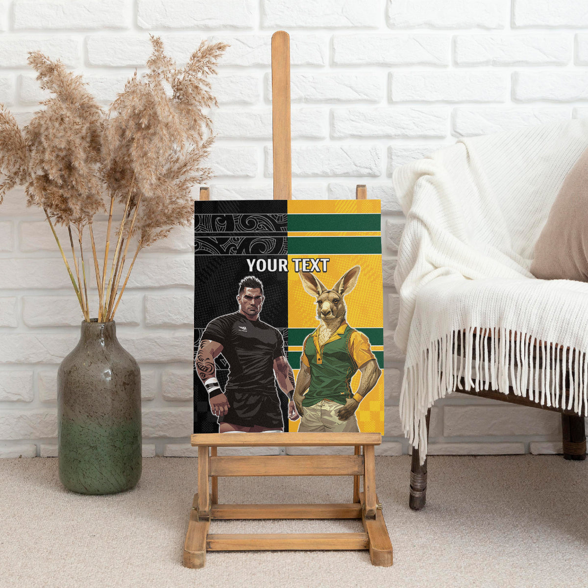 Custom New Zealand and Australia Rugby Canvas Wall Art Kangroo and Maori Warrior Together