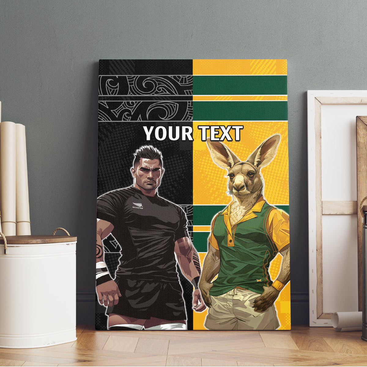 Custom New Zealand and Australia Rugby Canvas Wall Art Kangroo and Maori Warrior Together