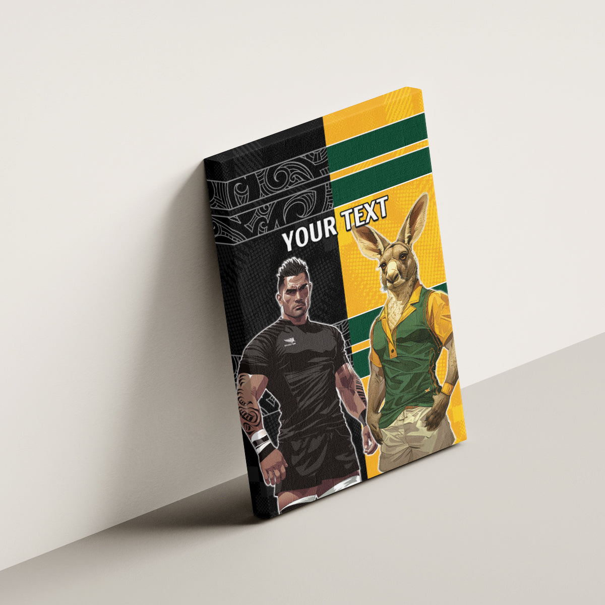 Custom New Zealand and Australia Rugby Canvas Wall Art Kangroo and Maori Warrior Together