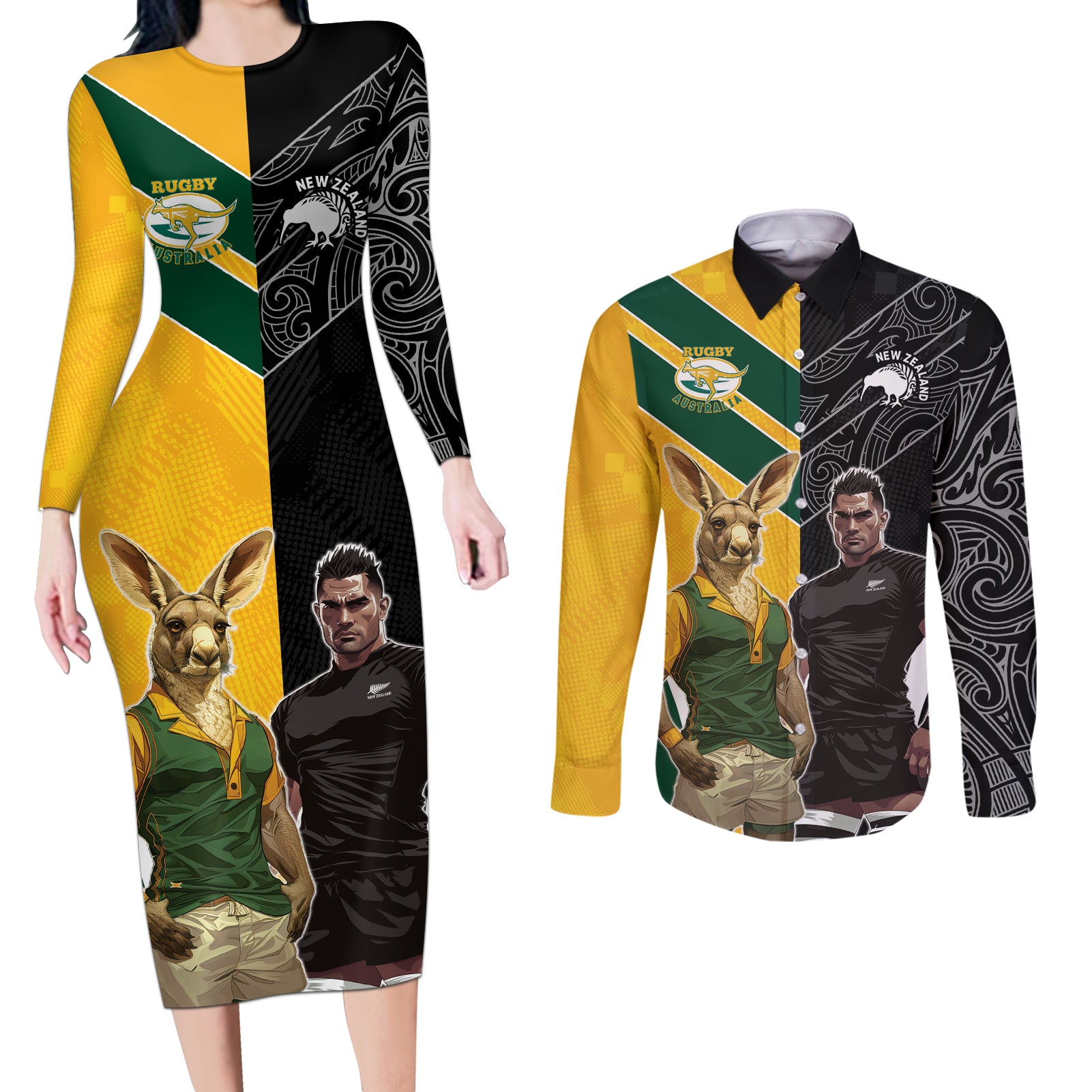 Custom New Zealand and Australia Rugby Couples Matching Long Sleeve Bodycon Dress and Long Sleeve Button Shirt Kangroo and Maori Warrior Together