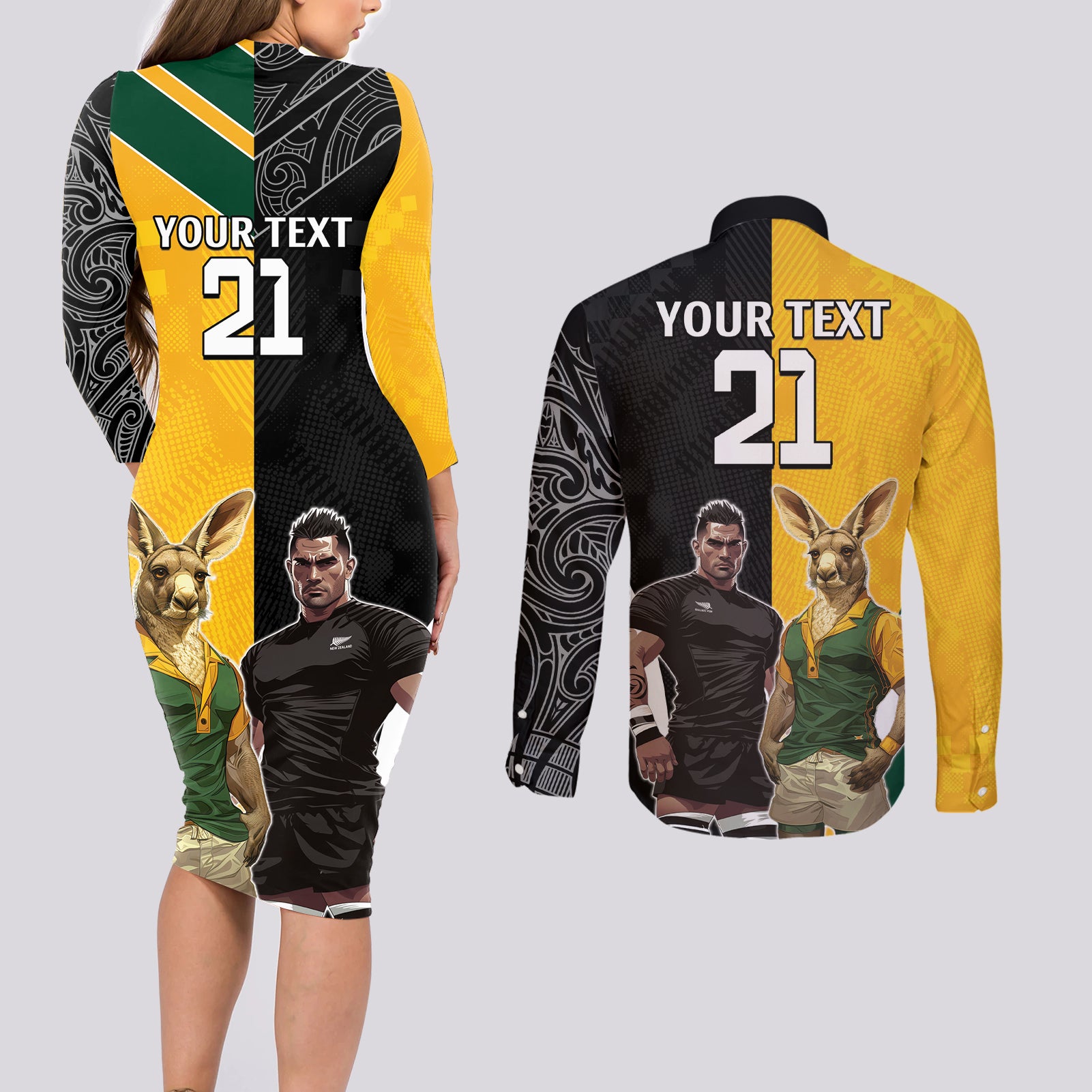 Custom New Zealand and Australia Rugby Couples Matching Long Sleeve Bodycon Dress and Long Sleeve Button Shirt Kangroo and Maori Warrior Together