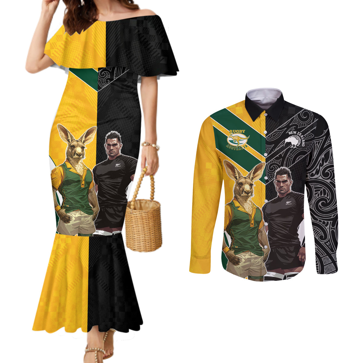Custom New Zealand and Australia Rugby Couples Matching Mermaid Dress and Long Sleeve Button Shirt Kangroo and Maori Warrior Together