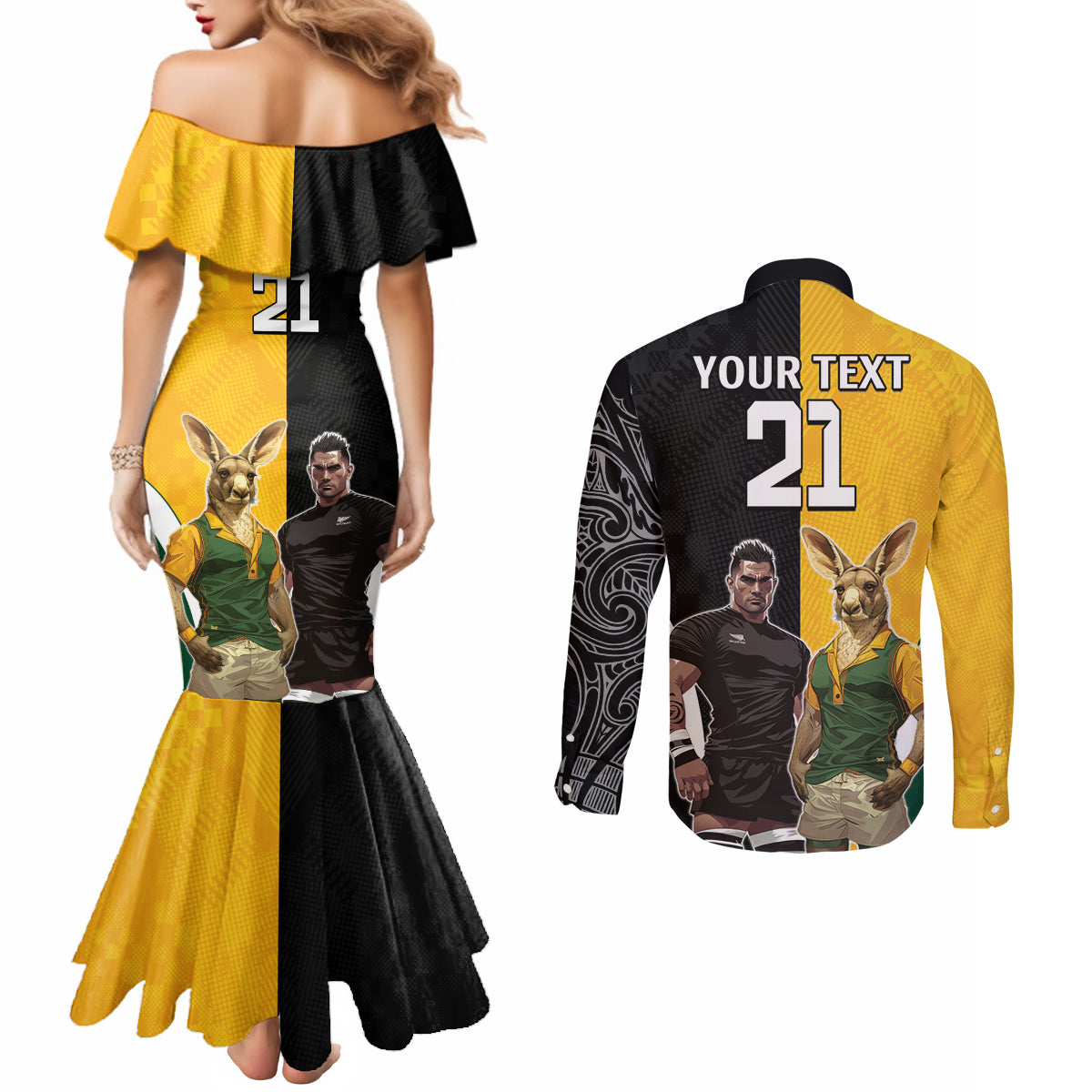 Custom New Zealand and Australia Rugby Couples Matching Mermaid Dress and Long Sleeve Button Shirt Kangroo and Maori Warrior Together