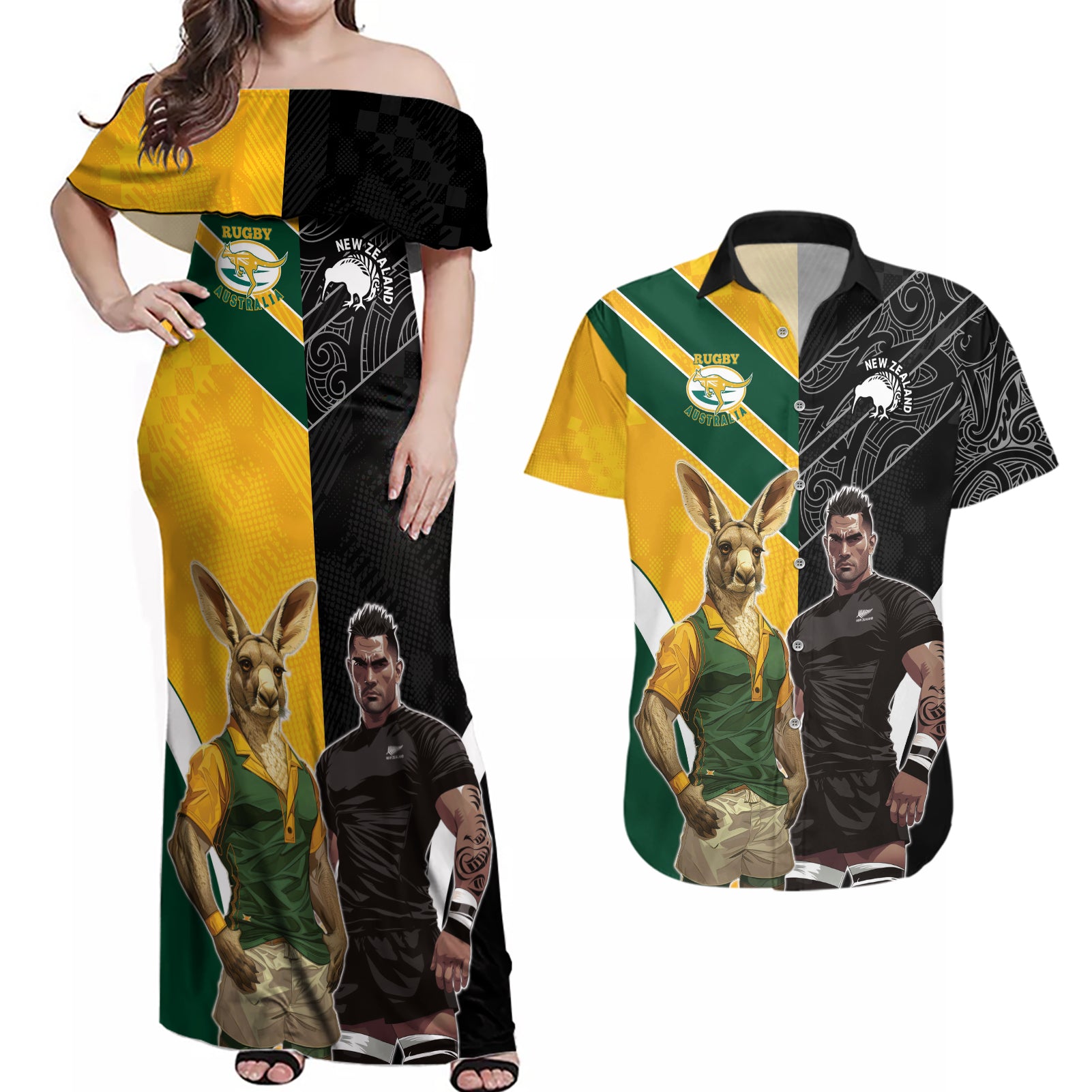 Custom New Zealand and Australia Rugby Couples Matching Off Shoulder Maxi Dress and Hawaiian Shirt Kangroo and Maori Warrior Together