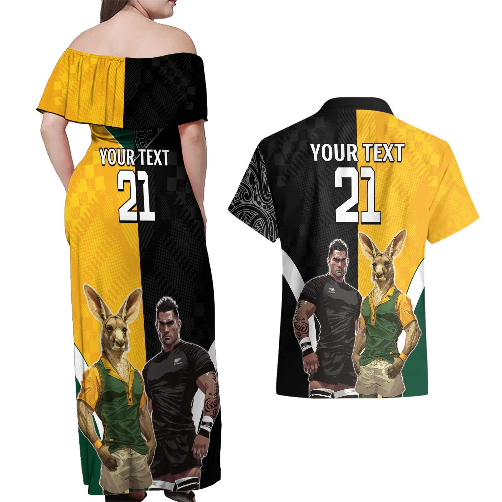 Custom New Zealand and Australia Rugby Couples Matching Off Shoulder Maxi Dress and Hawaiian Shirt Kangroo and Maori Warrior Together