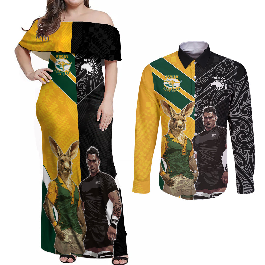 Custom New Zealand and Australia Rugby Couples Matching Off Shoulder Maxi Dress and Long Sleeve Button Shirt Kangroo and Maori Warrior Together