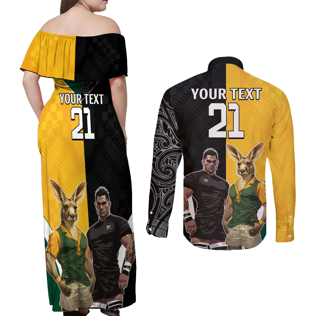 Custom New Zealand and Australia Rugby Couples Matching Off Shoulder Maxi Dress and Long Sleeve Button Shirt Kangroo and Maori Warrior Together