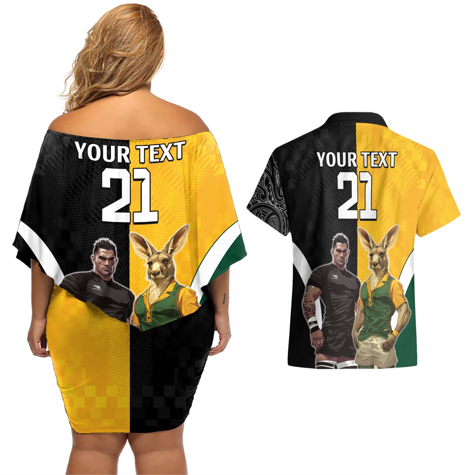 Custom New Zealand and Australia Rugby Couples Matching Off Shoulder Short Dress and Hawaiian Shirt Kangroo and Maori Warrior Together