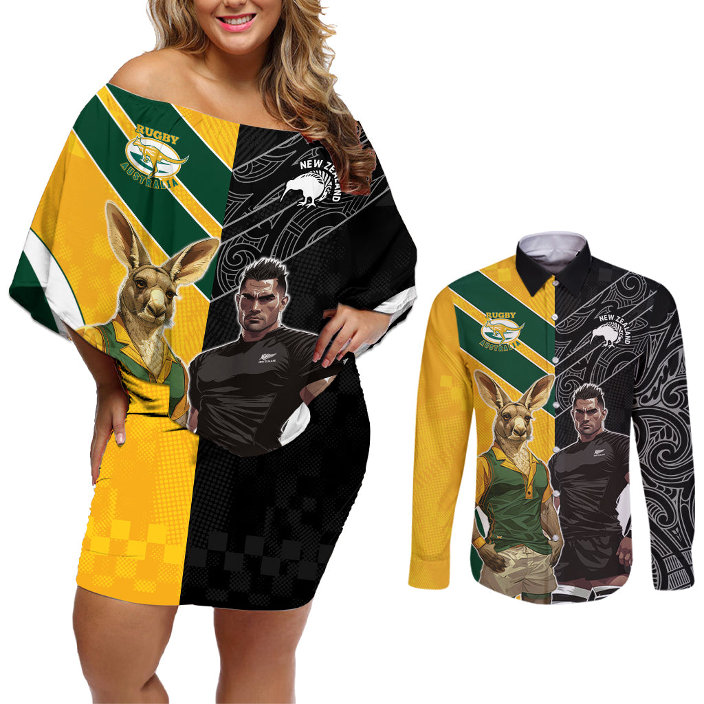 Custom New Zealand and Australia Rugby Couples Matching Off Shoulder Short Dress and Long Sleeve Button Shirt Kangroo and Maori Warrior Together
