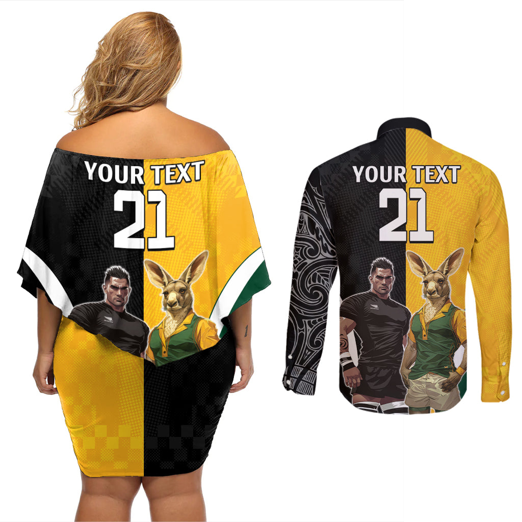 Custom New Zealand and Australia Rugby Couples Matching Off Shoulder Short Dress and Long Sleeve Button Shirt Kangroo and Maori Warrior Together