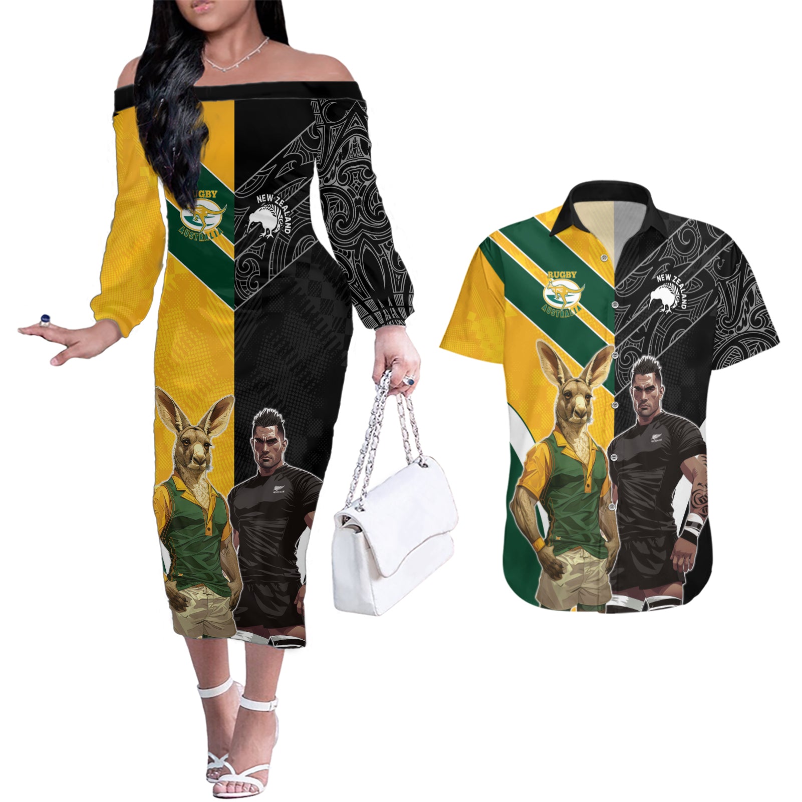 Custom New Zealand and Australia Rugby Couples Matching Off The Shoulder Long Sleeve Dress and Hawaiian Shirt Kangroo and Maori Warrior Together